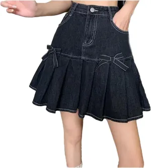 Women Bow Denim Pleated Skirts High-Waist Mini A-Line Hip Skirt
