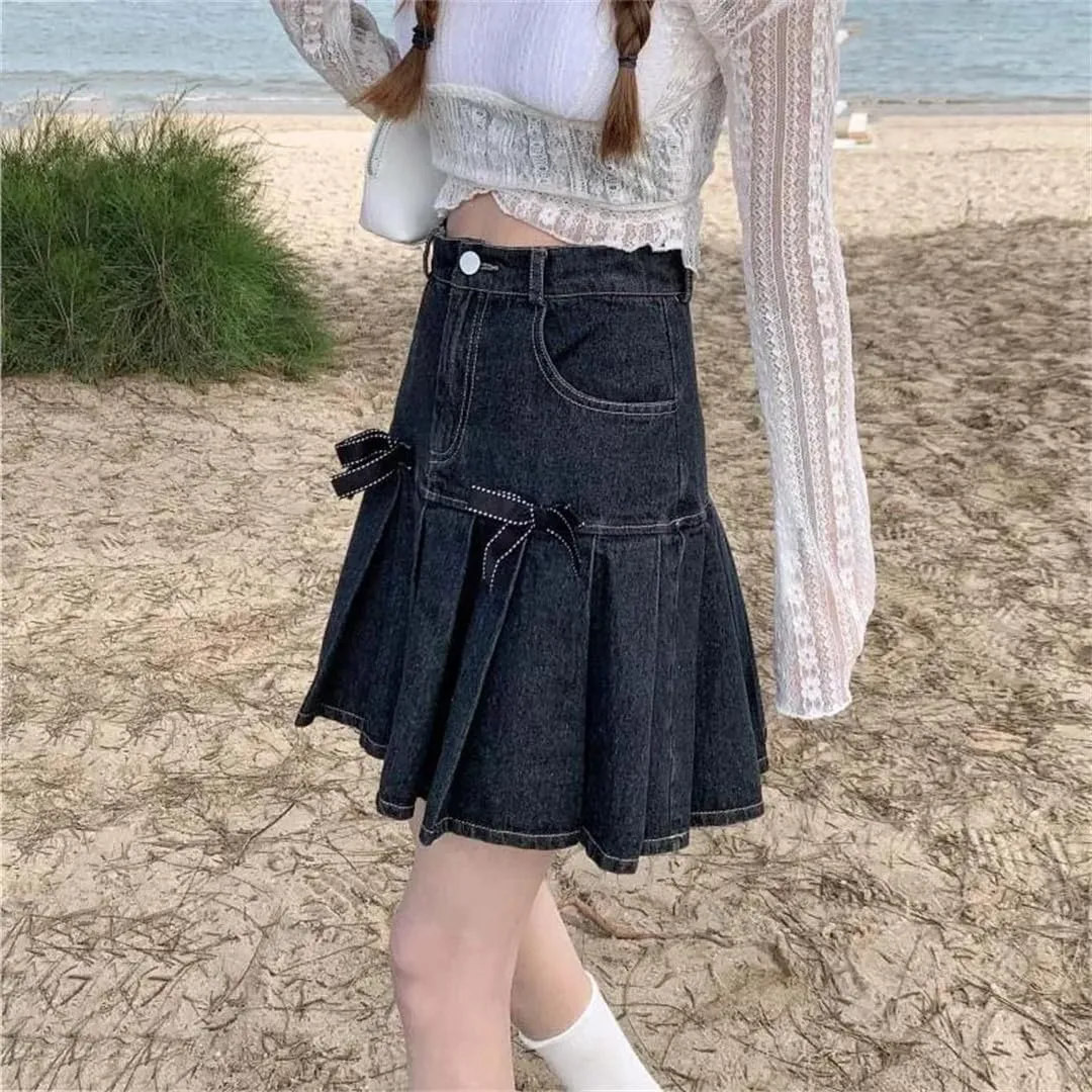 Women Bow Denim Pleated Skirts High-Waist Mini A-Line Hip Skirt