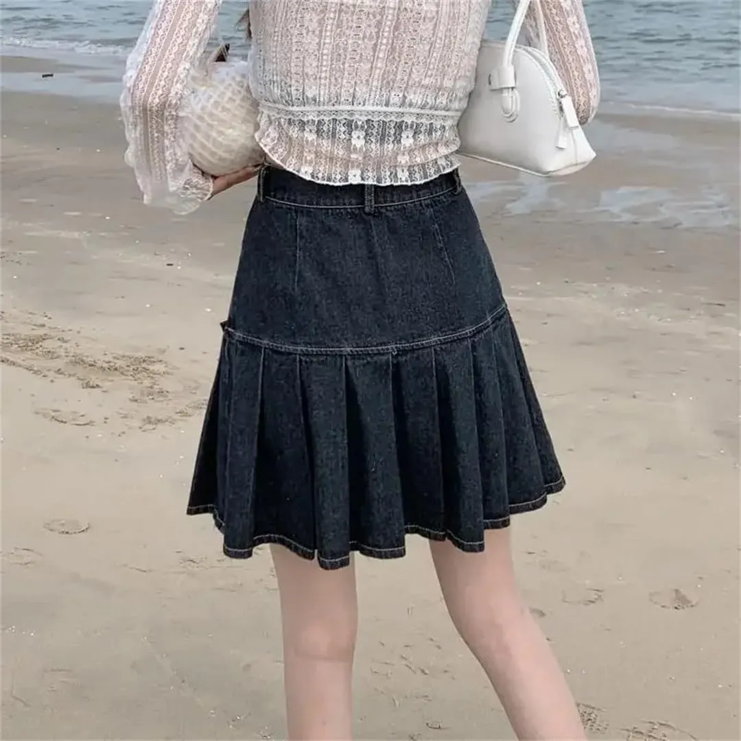 Women Bow Denim Pleated Skirts High-Waist Mini A-Line Hip Skirt