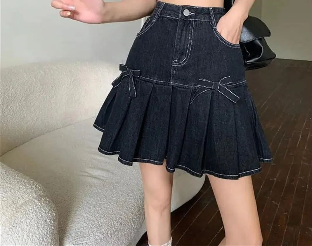 Women Bow Denim Pleated Skirts High-Waist Mini A-Line Hip Skirt