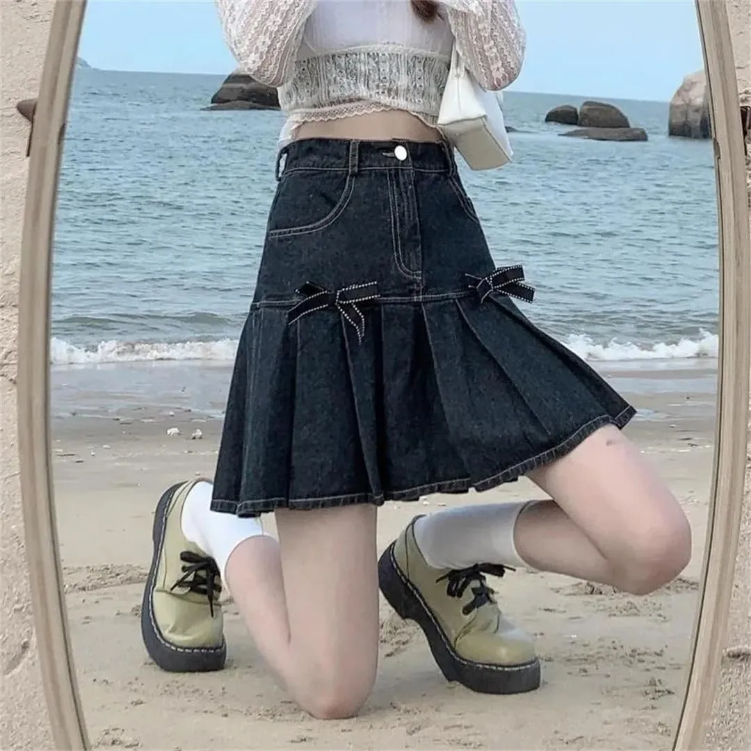 Women Bow Denim Pleated Skirts High-Waist Mini A-Line Hip Skirt