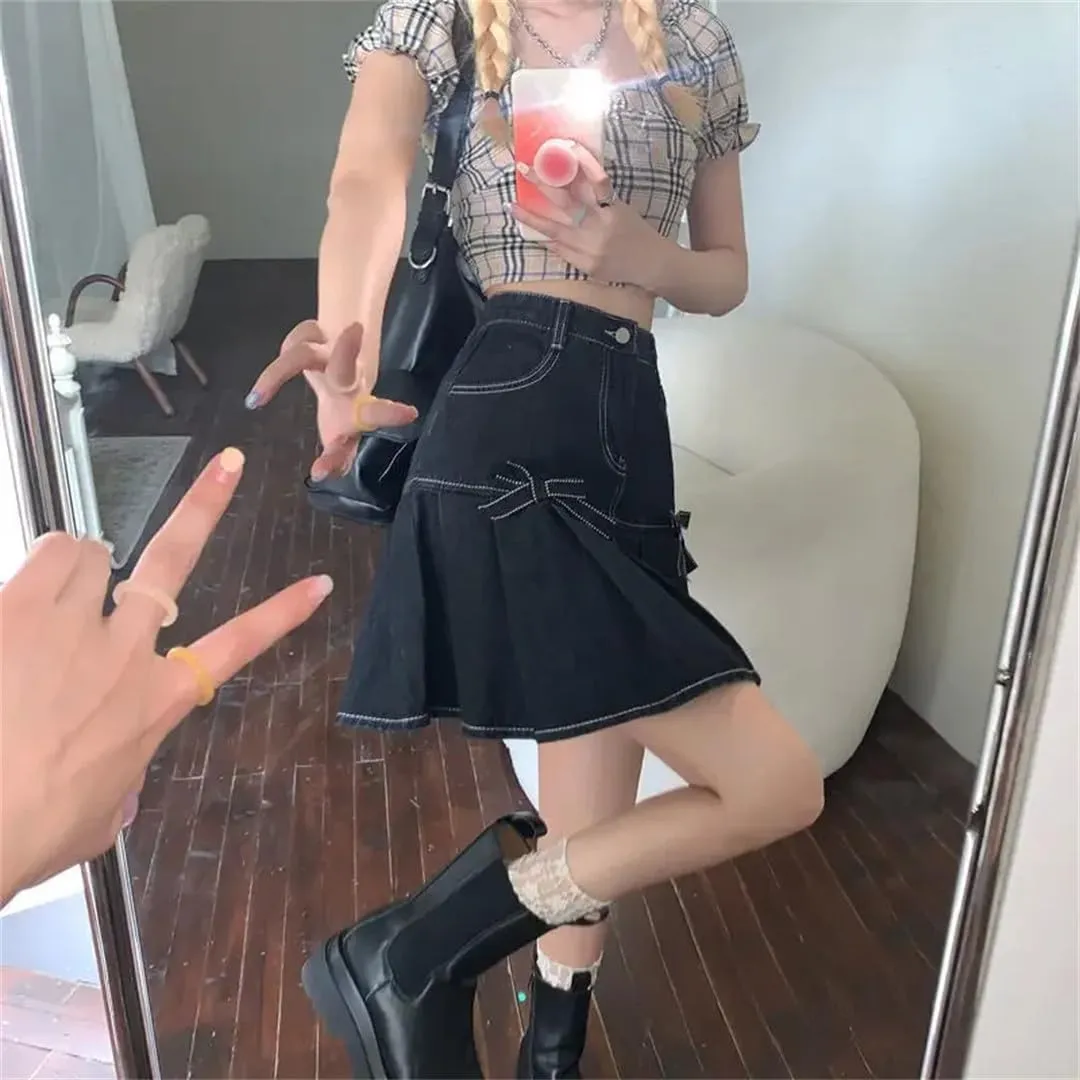 Women Bow Denim Pleated Skirts High-Waist Mini A-Line Hip Skirt