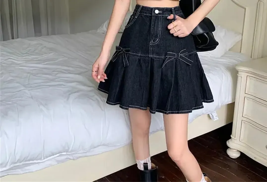 Women Bow Denim Pleated Skirts High-Waist Mini A-Line Hip Skirt
