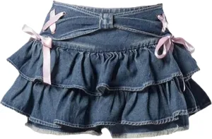 Women Bow Denim Pleated Skirts High-Waist Mini A-Line Hip Skirt