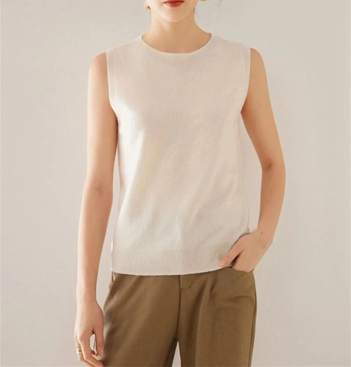 Women Cashmere Sweater Vest Crewneck Pullover Sleeveless Tops Soft Fashion Knited Vest
