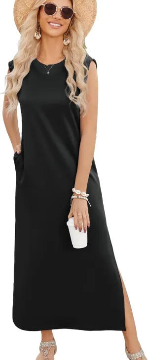 Women Casual Dress with Pockets Summer Dress Beach Maxi Dress Cap Sleeve Sundress Tank Long Dress