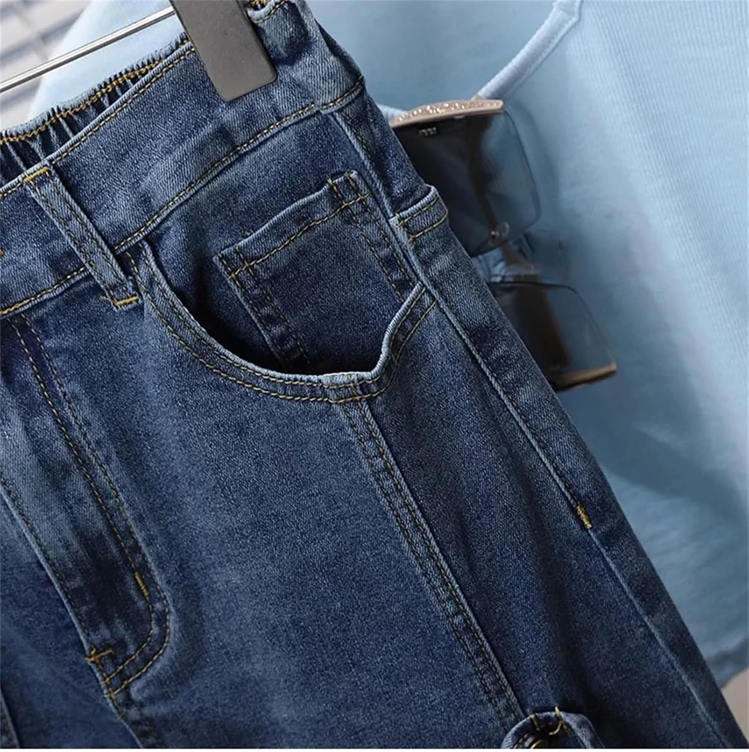 Women Elastic Waist Thin Midi Denim Skirt Spring Summer Casual Side Split Button A-Line Skirt