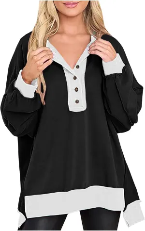Women Fashion Oversized Long Sleeve Splicing Pullover Plain Color Tops Lightweight Sweatshirts Loose Fit Ribbed Top