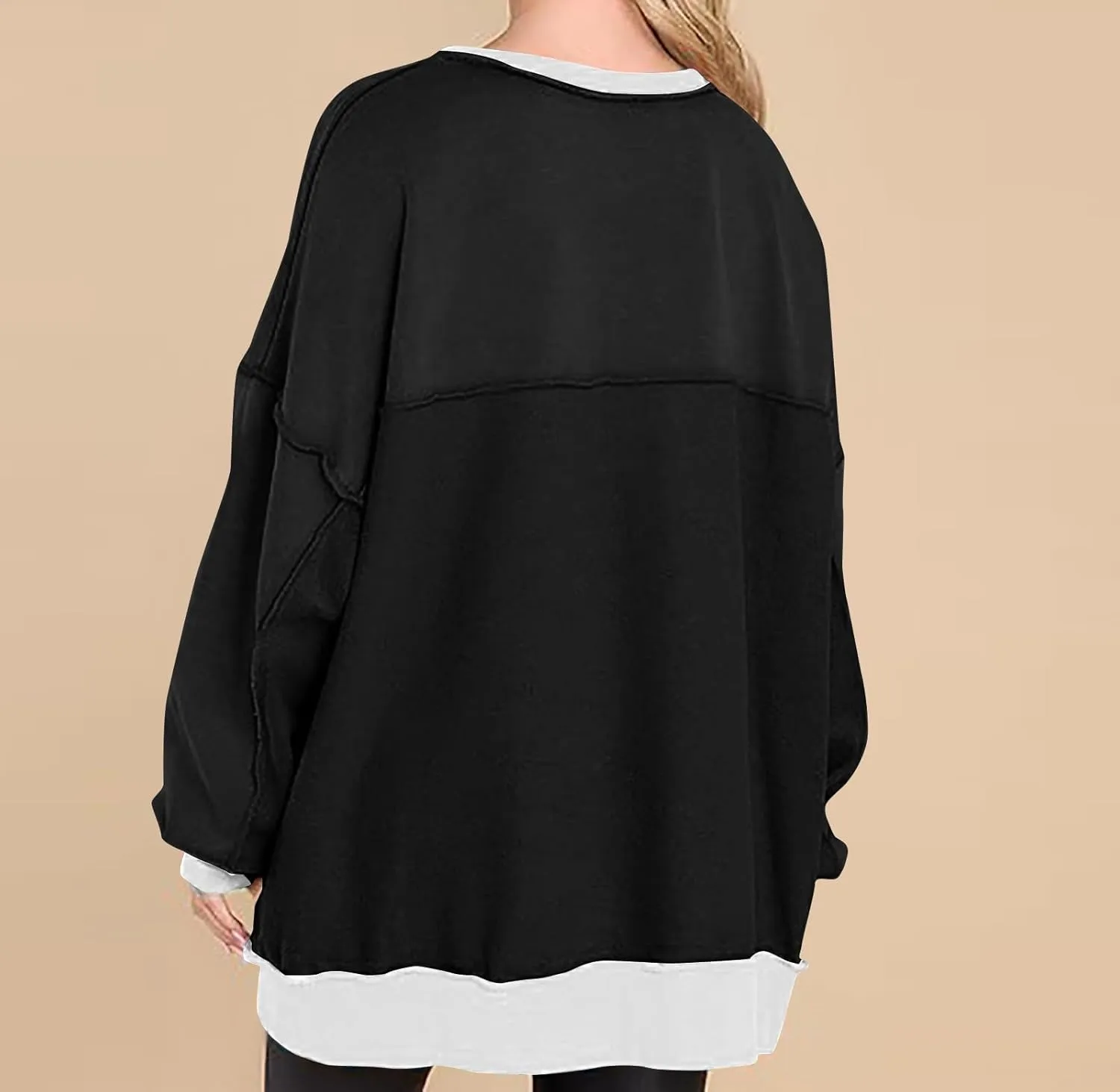 Women Fashion Oversized Long Sleeve Splicing Pullover Plain Color Tops Lightweight Sweatshirts Loose Fit Ribbed Top