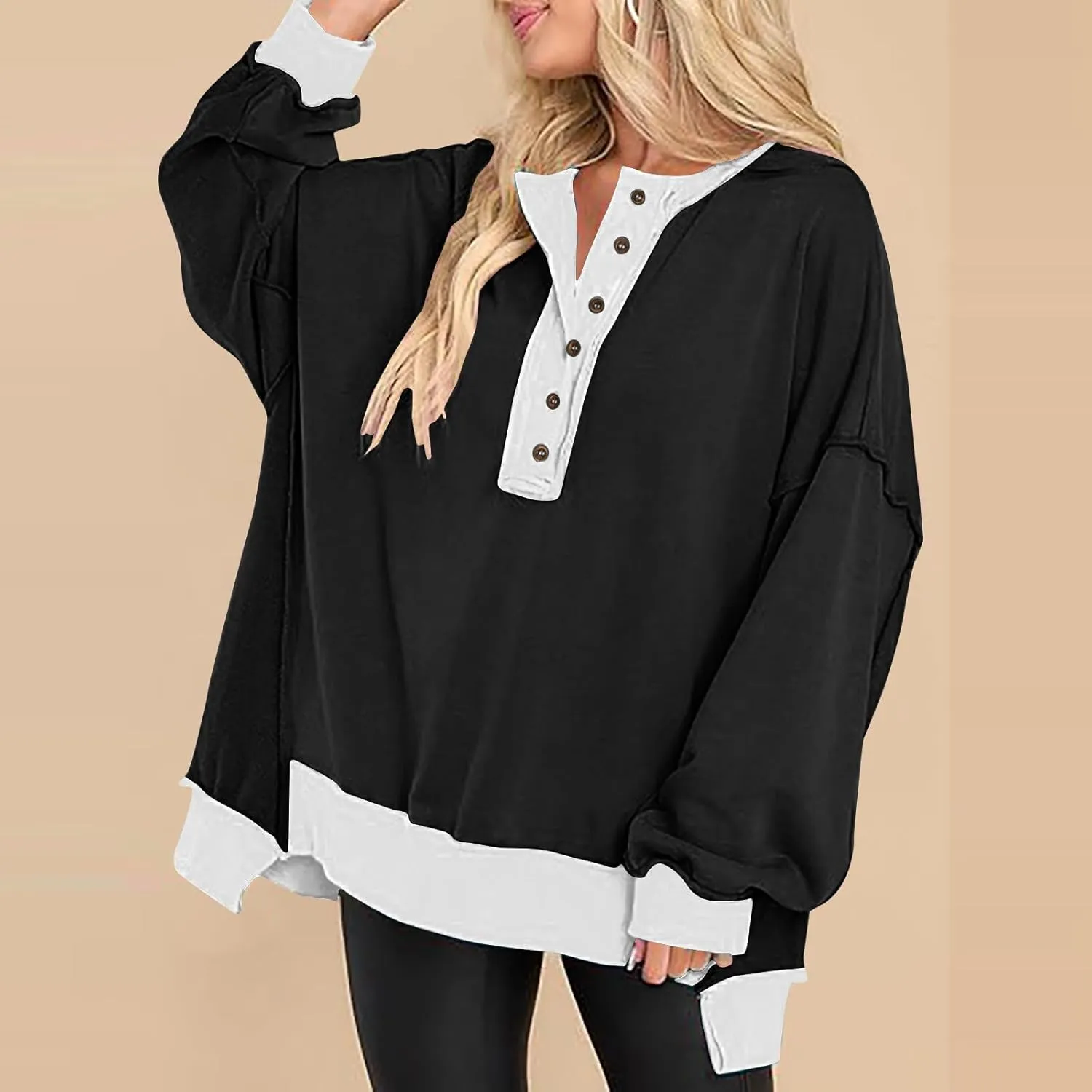 Women Fashion Oversized Long Sleeve Splicing Pullover Plain Color Tops Lightweight Sweatshirts Loose Fit Ribbed Top
