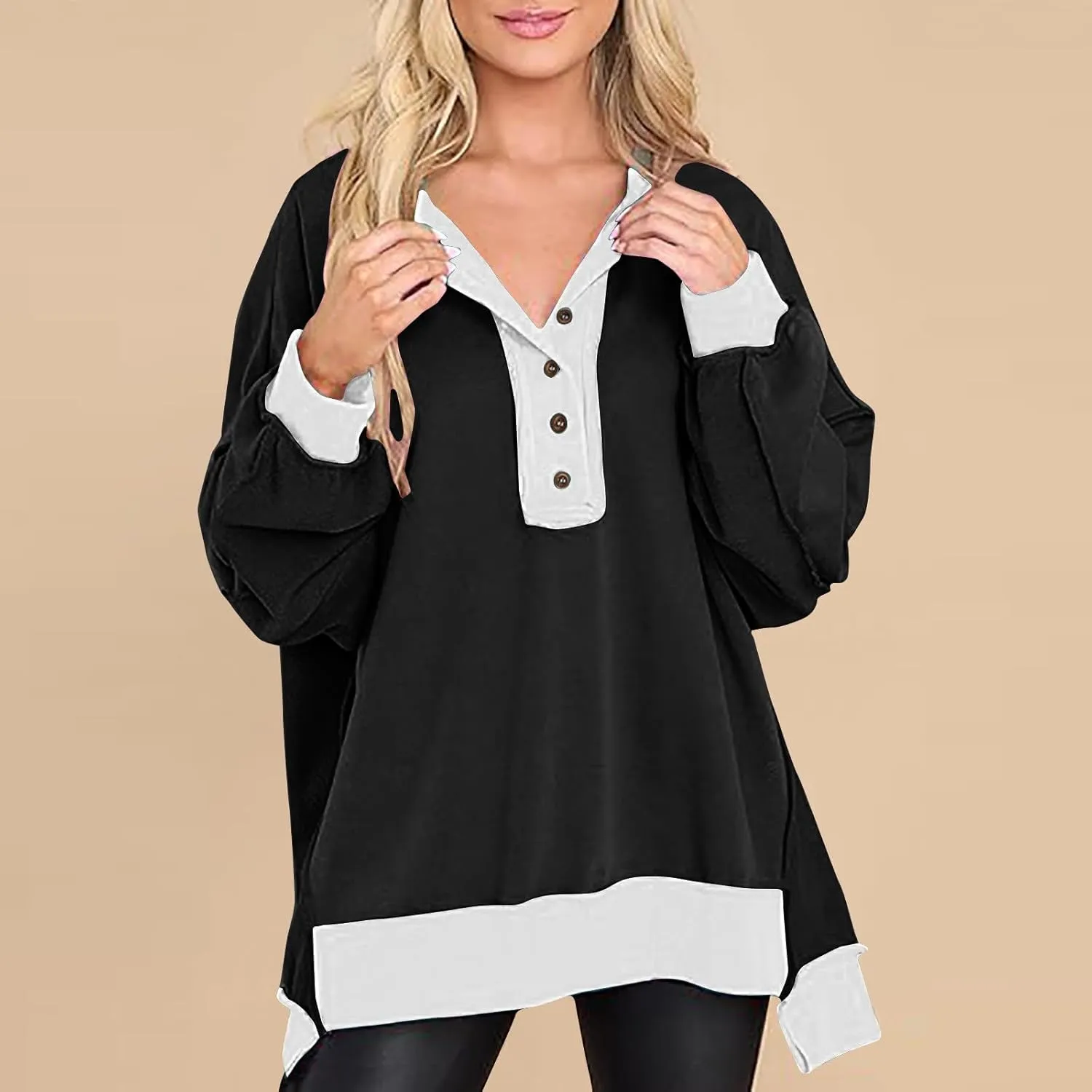 Women Fashion Oversized Long Sleeve Splicing Pullover Plain Color Tops Lightweight Sweatshirts Loose Fit Ribbed Top