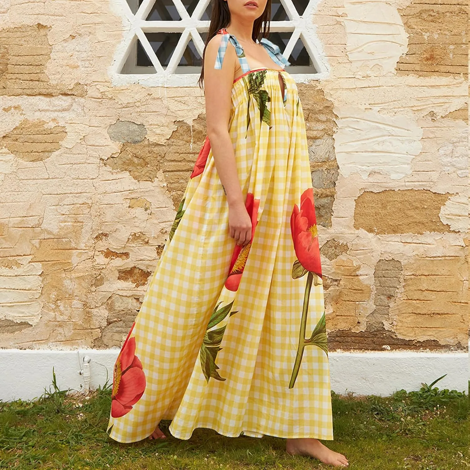 Women Floral Maxi Dresses Tie Shoulder Flowy Dress Relax Casual Summer Dress Y2k Boho Vacation Sundresses