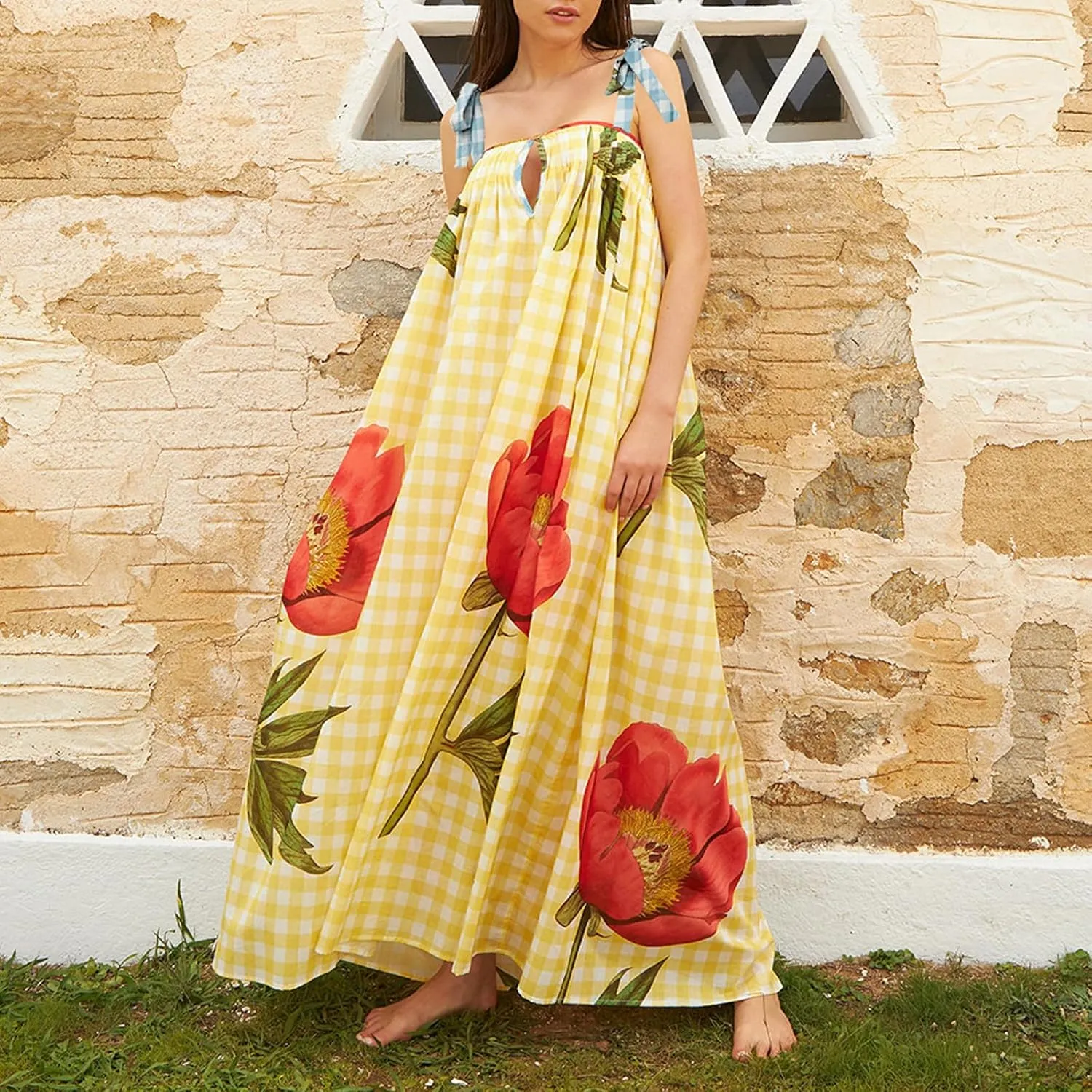Women Floral Maxi Dresses Tie Shoulder Flowy Dress Relax Casual Summer Dress Y2k Boho Vacation Sundresses