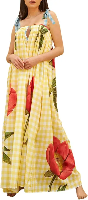 Women Floral Maxi Dresses Tie Shoulder Flowy Dress Relax Casual Summer Dress Y2k Boho Vacation Sundresses