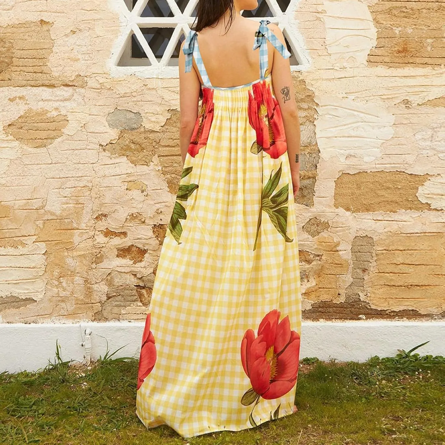 Women Floral Maxi Dresses Tie Shoulder Flowy Dress Relax Casual Summer Dress Y2k Boho Vacation Sundresses