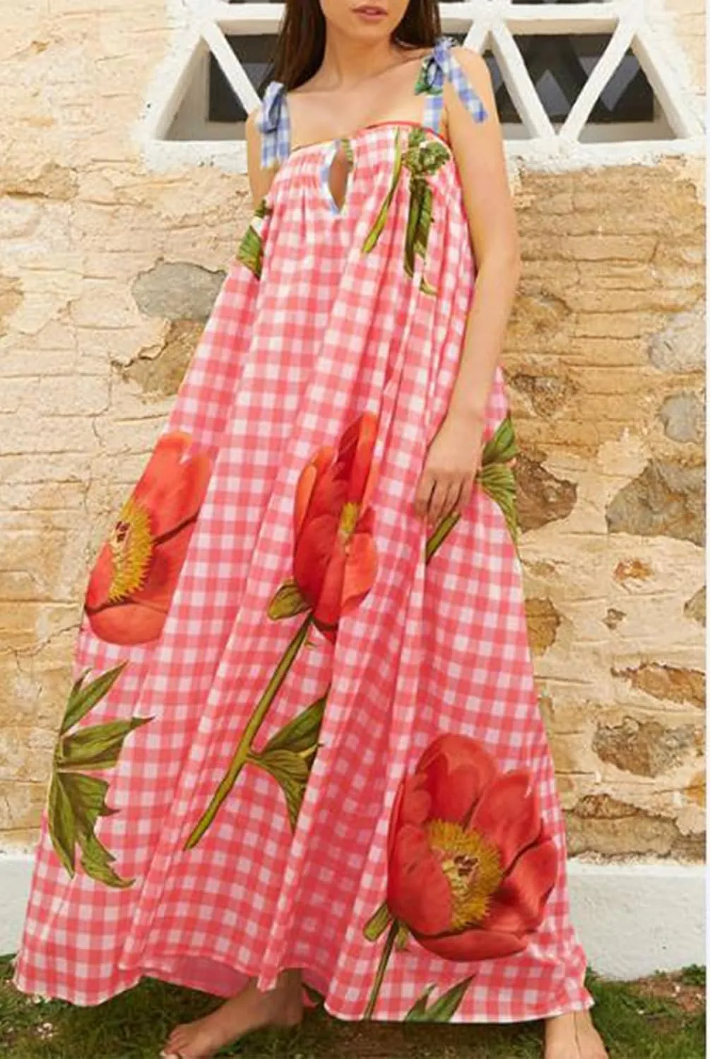 Women Floral Maxi Dresses Tie Shoulder Flowy Dress Relax Casual Summer Dress Y2k Boho Vacation Sundresses