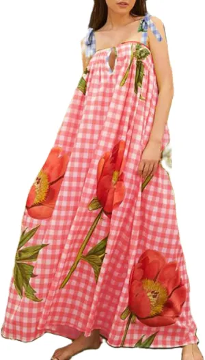 Women Floral Maxi Dresses Tie Shoulder Flowy Dress Relax Casual Summer Dress Y2k Boho Vacation Sundresses