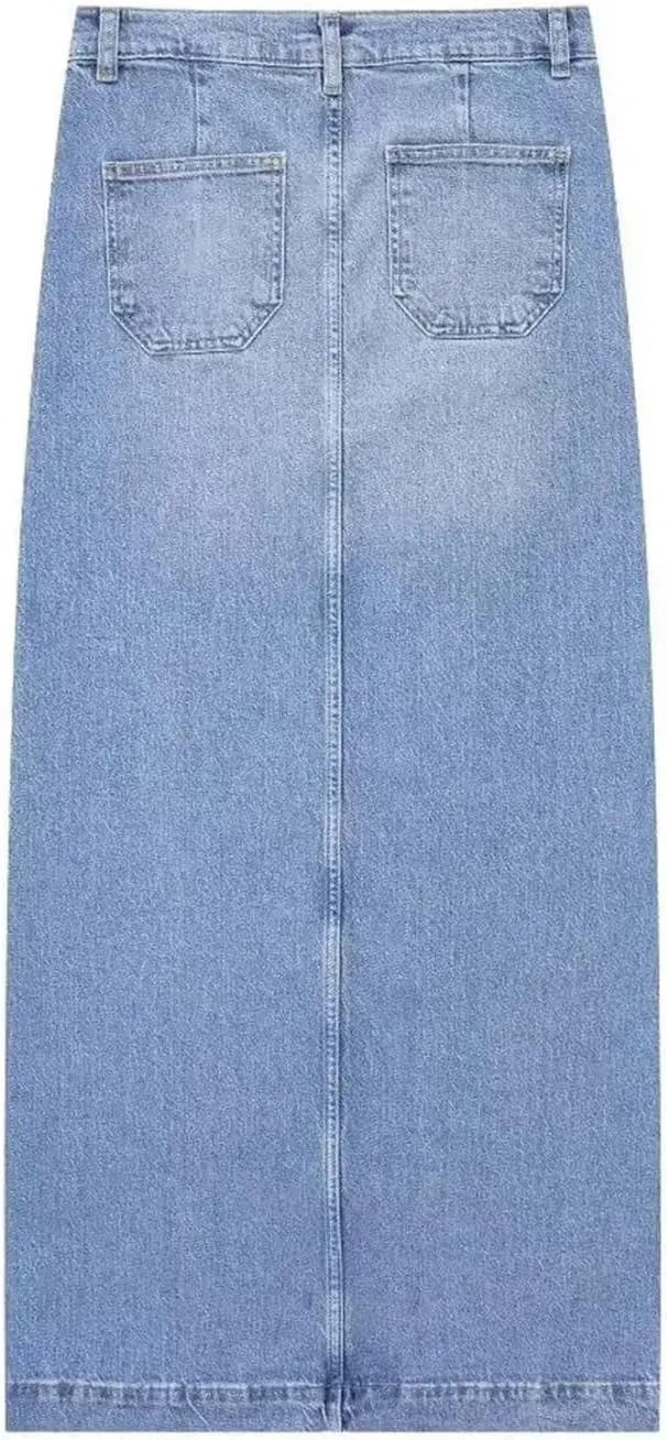 Women High Waist Denim Midi Skirt Summer Straight Fit Front Slit Jean Skirt