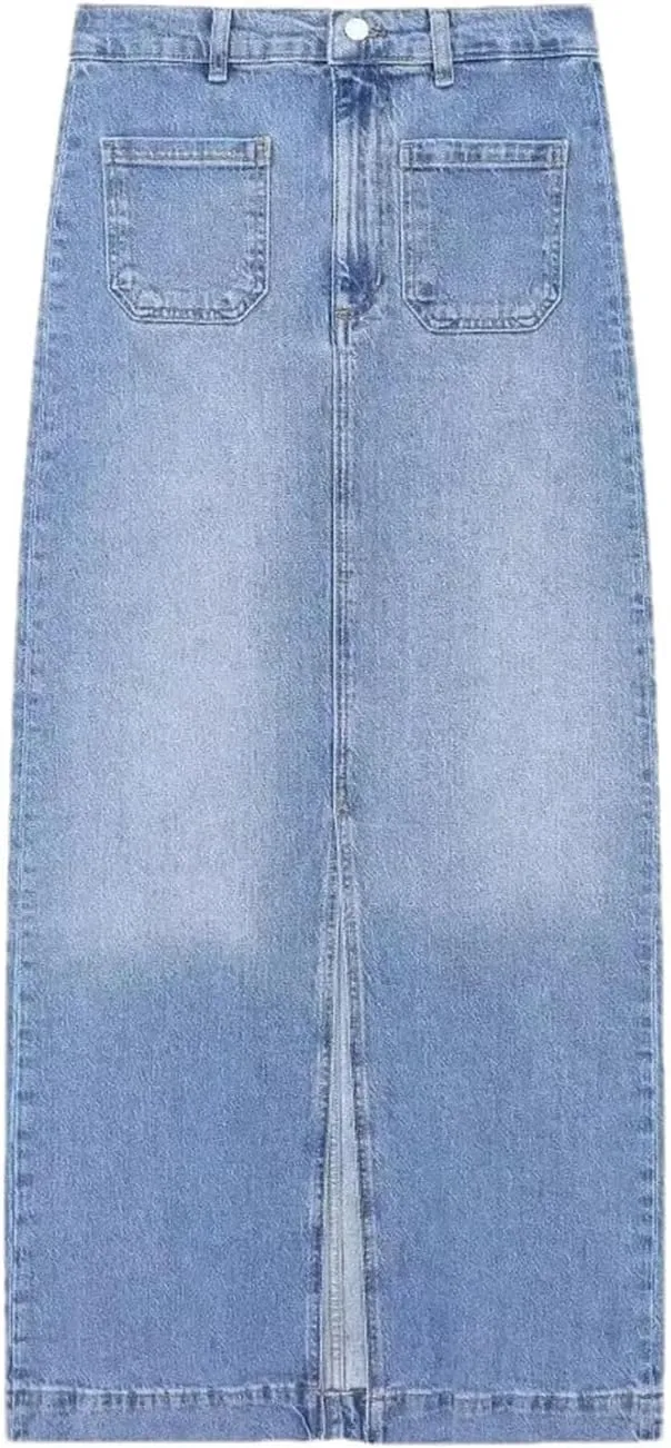 Women High Waist Denim Midi Skirt Summer Straight Fit Front Slit Jean Skirt