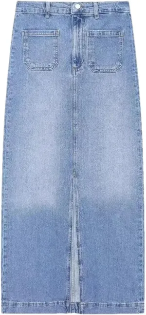 Women High Waist Denim Midi Skirt Summer Straight Fit Front Slit Jean Skirt