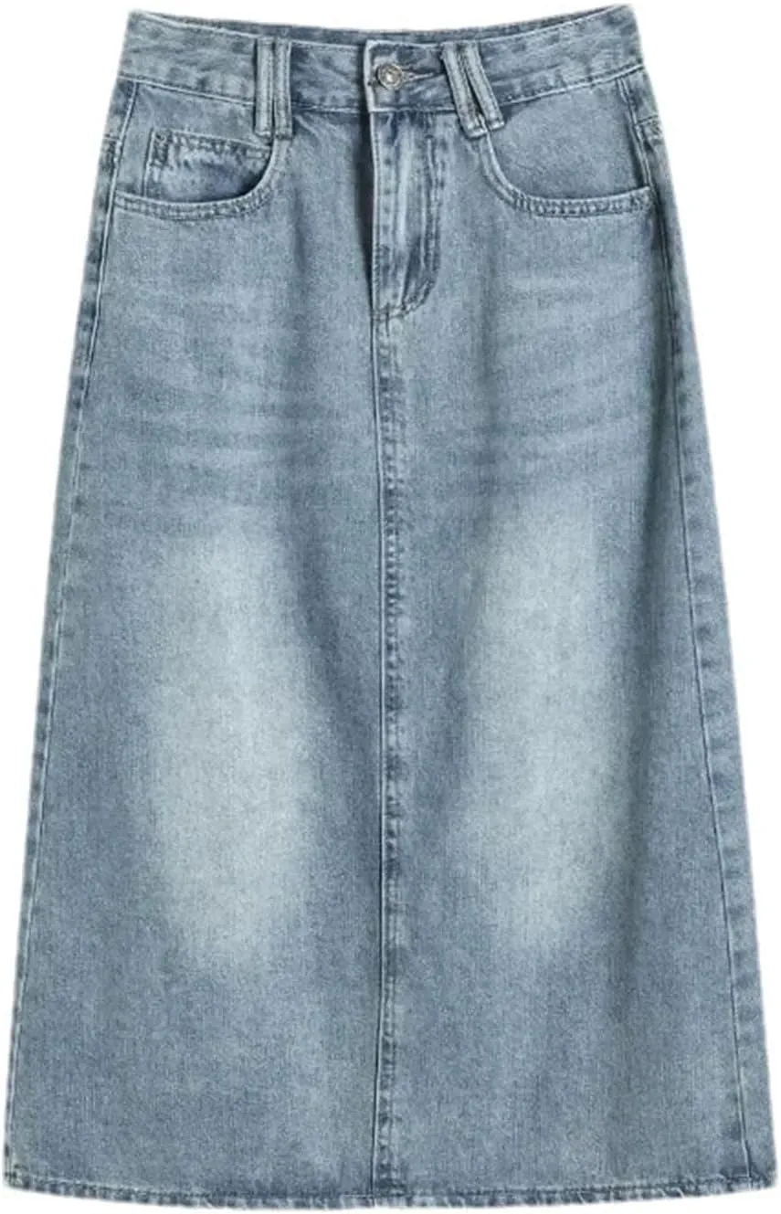 Women High Waist Denim Slim Fit Casual Split Skirt Summer A-Line Vintage Wrap Mid-Length Skirt
