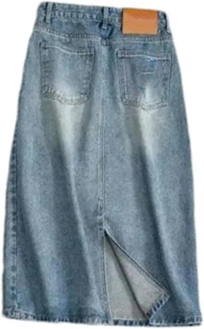 Women High Waist Denim Slim Fit Casual Split Skirt Summer A-Line Vintage Wrap Mid-Length Skirt