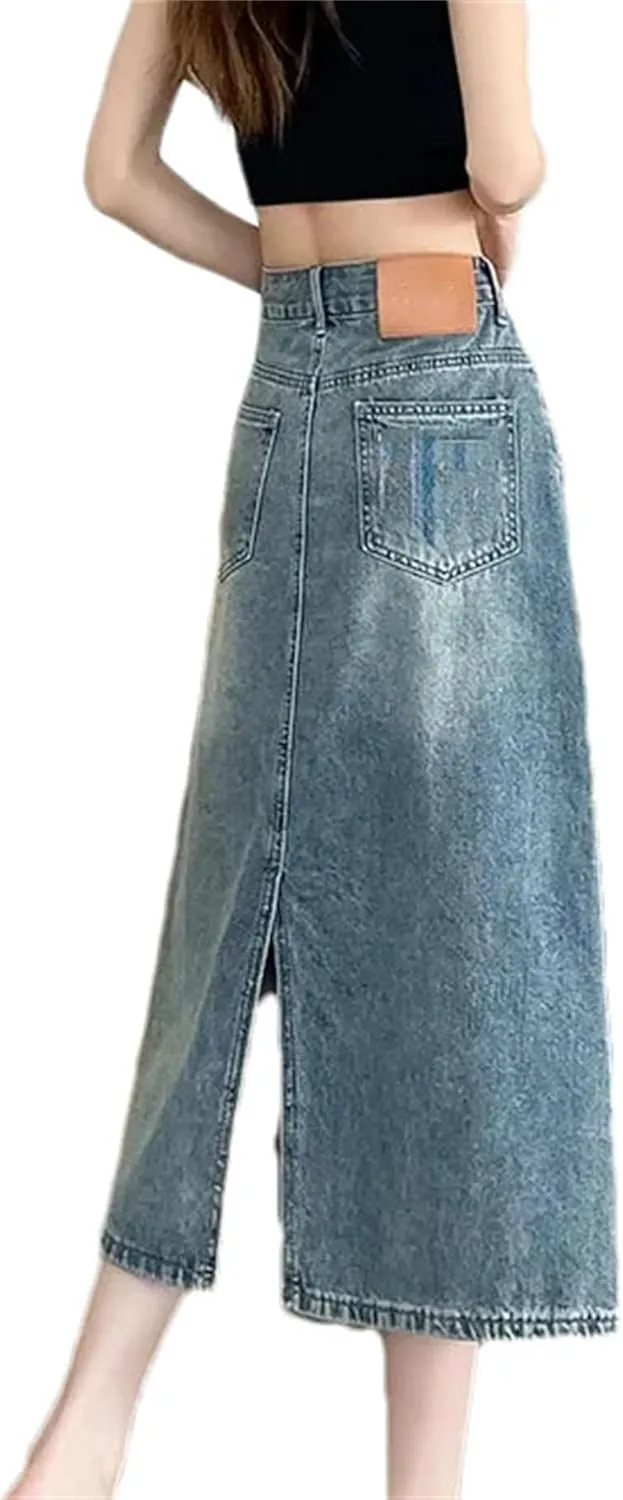 Women High Waist Denim Slim Fit Casual Split Skirt Summer A-Line Vintage Wrap Mid-Length Skirt