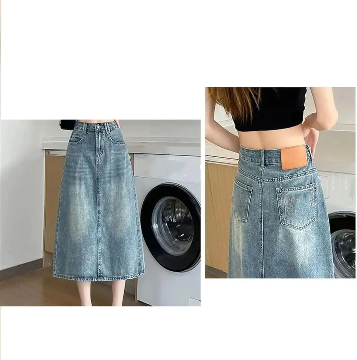 Women High Waist Denim Slim Fit Casual Split Skirt Summer A-Line Vintage Wrap Mid-Length Skirt