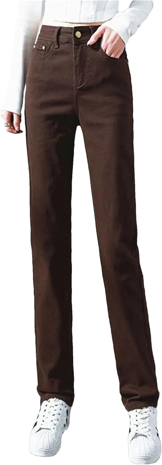 Women High Waist Slim Straight Jeans Solid Color Stretch Skinny Casual Denim Pants