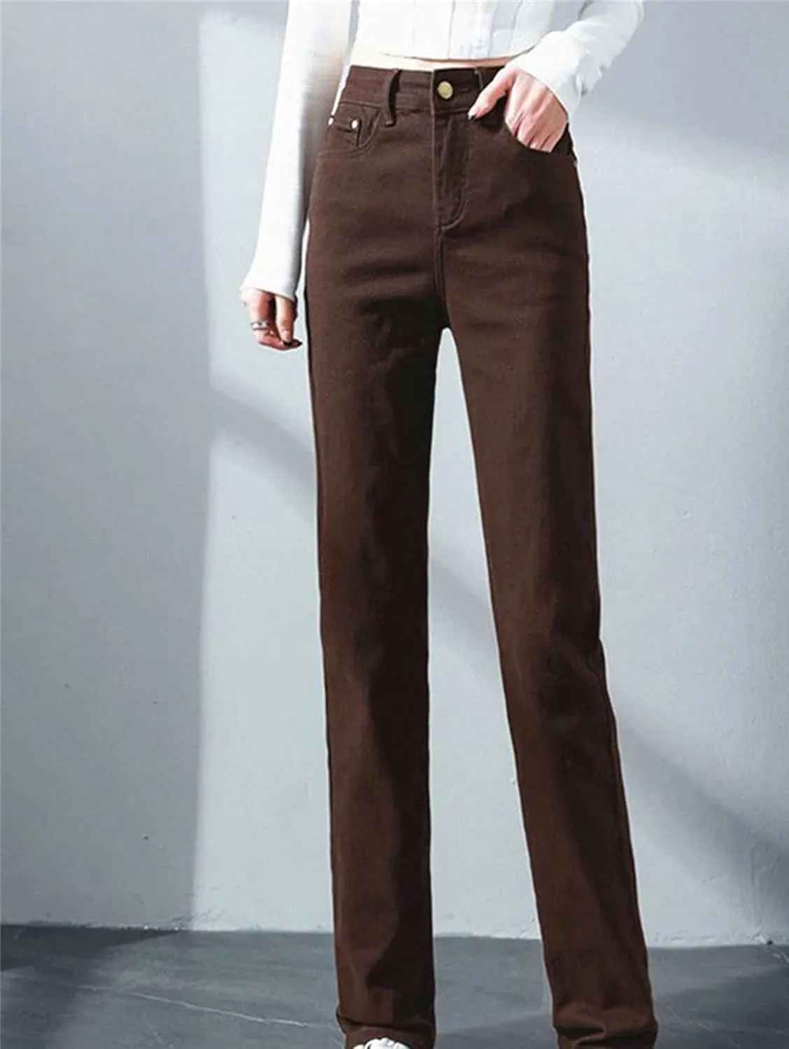 Women High Waist Slim Straight Jeans Solid Color Stretch Skinny Casual Denim Pants