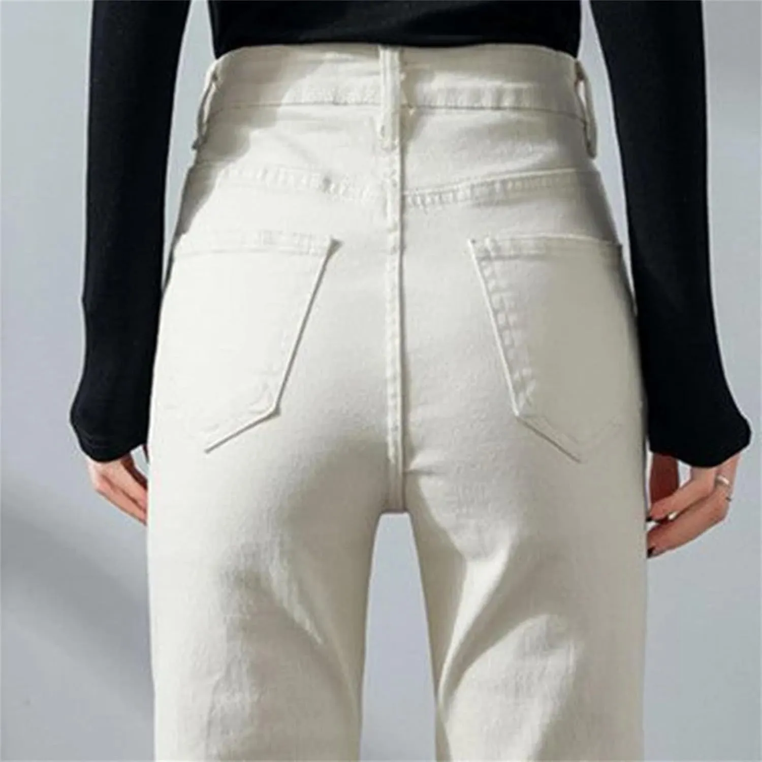 Women High Waist Slim Straight Jeans Solid Color Stretch Skinny Casual Denim Pants