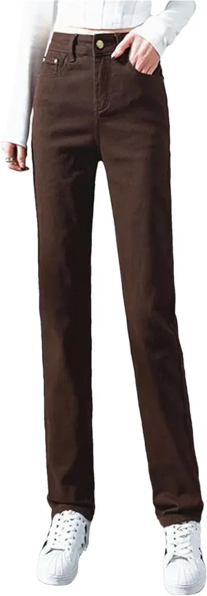 Women High Waist Slim Straight Jeans Solid Color Stretch Skinny Casual Denim Pants