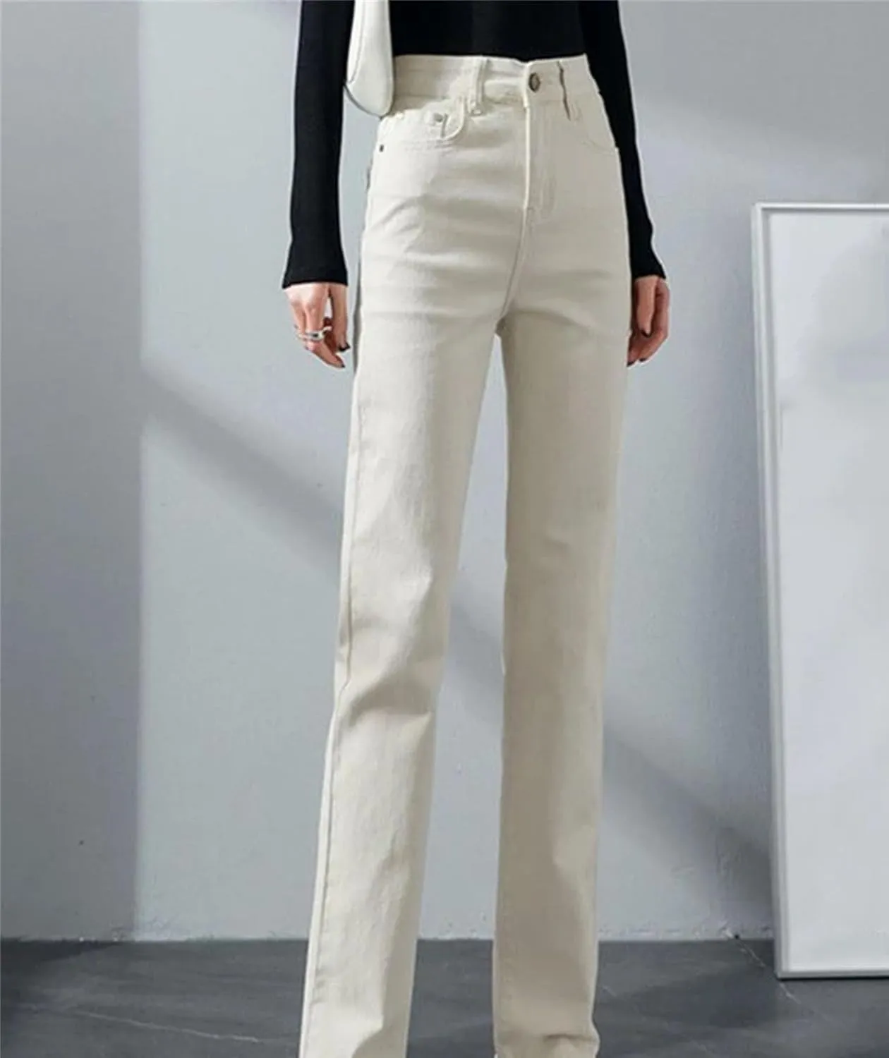Women High Waist Slim Straight Jeans Solid Color Stretch Skinny Casual Denim Pants