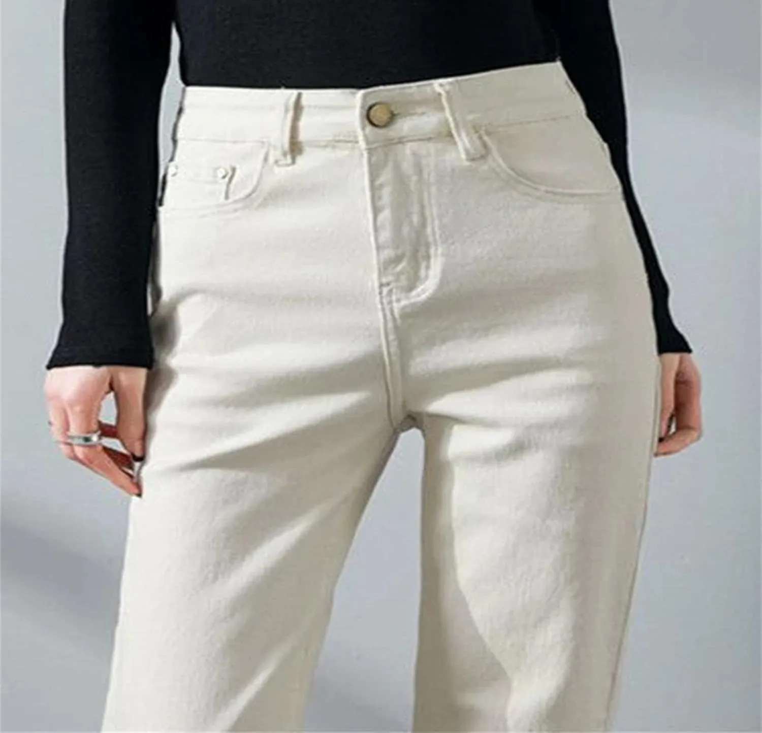 Women High Waist Slim Straight Jeans Solid Color Stretch Skinny Casual Denim Pants