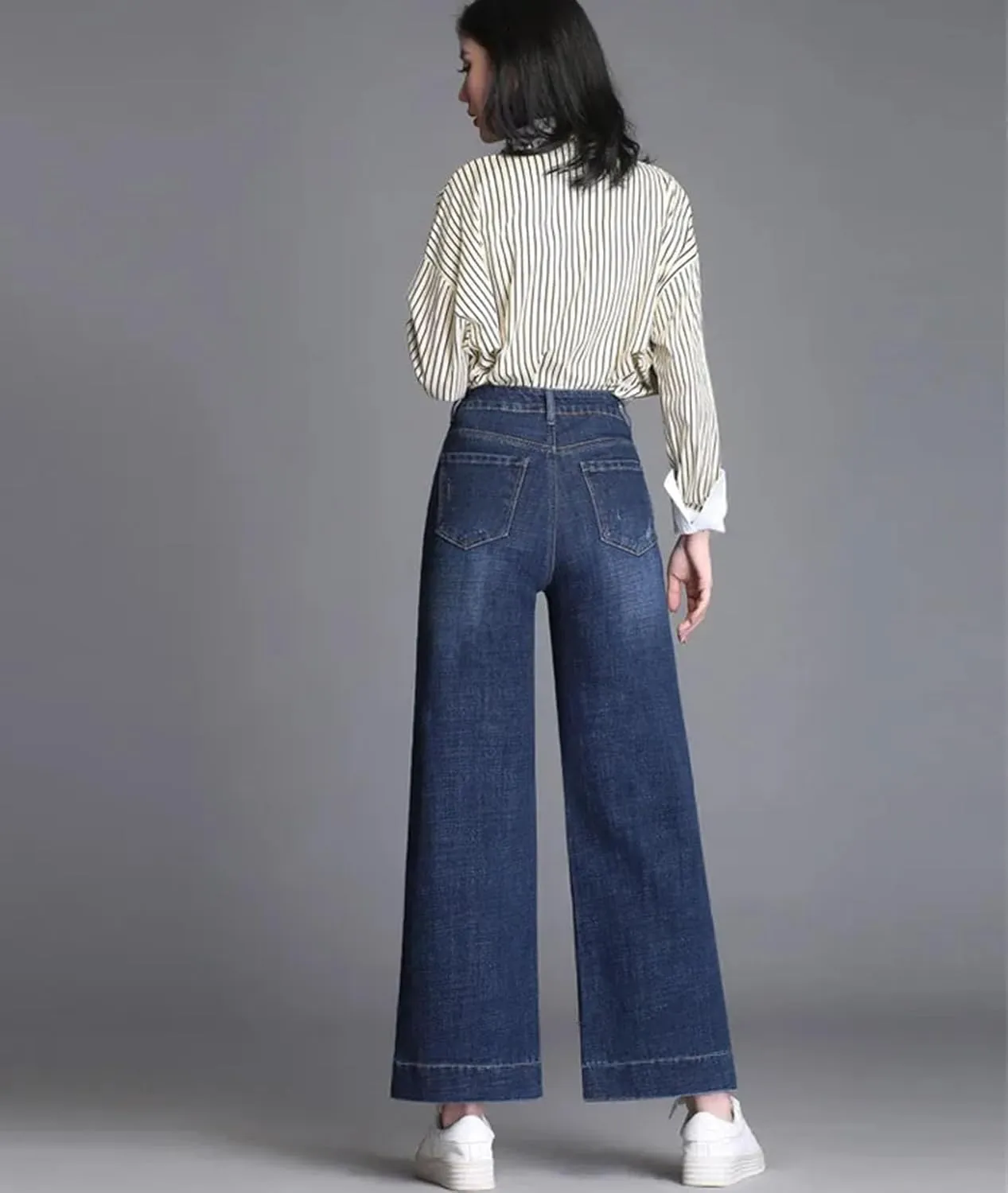 Women High Waist Stretch Skinny Jeans Boyfriend Wide Leg Pants Vintage Casual Trousers