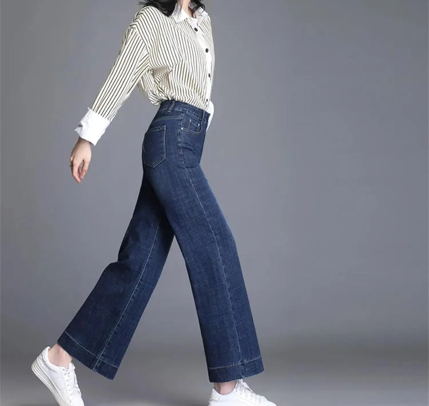 Women High Waist Stretch Skinny Jeans Boyfriend Wide Leg Pants Vintage Casual Trousers