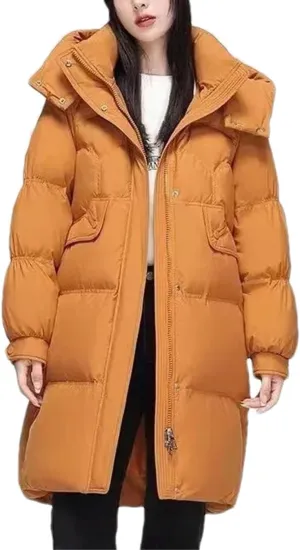 Women Hooded Button Zipper Down Jacket Loose Vintage Mid-Calf Thickened Warm Parka Coat