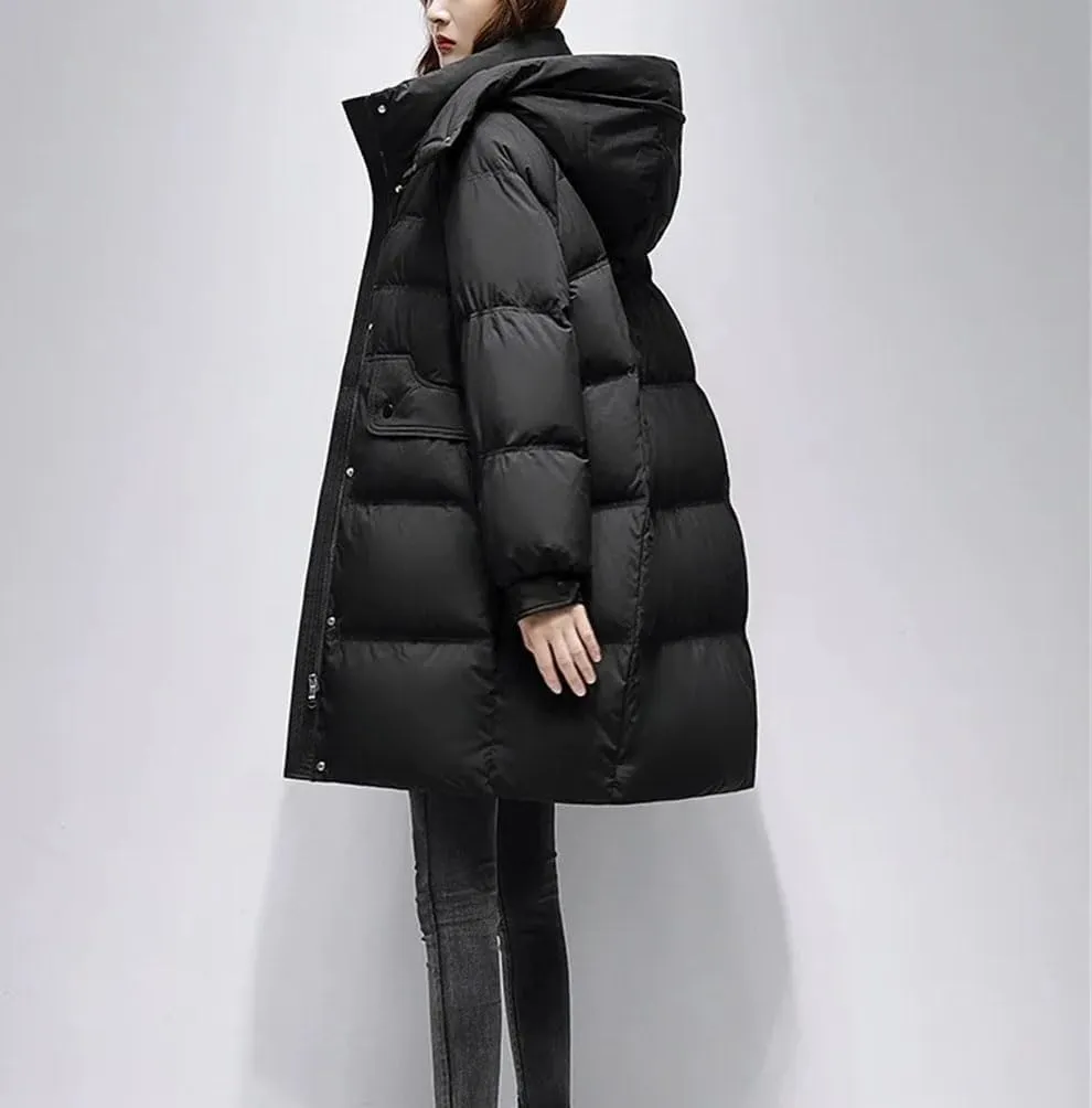 Women Hooded Button Zipper Down Jacket Loose Vintage Mid-Calf Thickened Warm Parka Coat
