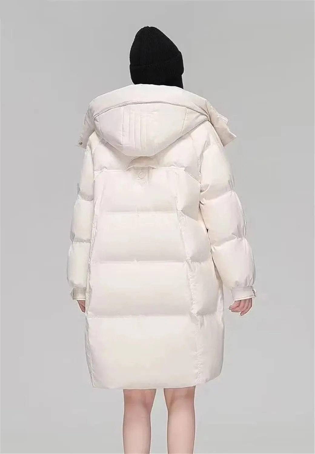 Women Hooded Button Zipper Down Jacket Loose Vintage Mid-Calf Thickened Warm Parka Coat