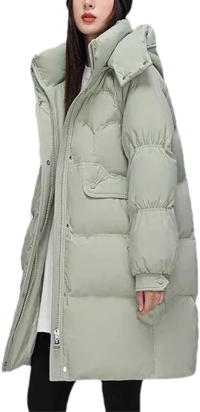 Women Hooded Button Zipper Down Jacket Loose Vintage Mid-Calf Thickened Warm Parka Coat