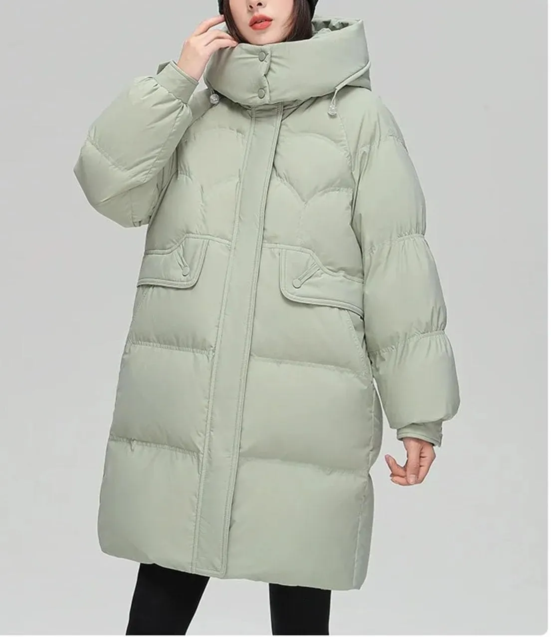 Women Hooded Button Zipper Down Jacket Loose Vintage Mid-Calf Thickened Warm Parka Coat