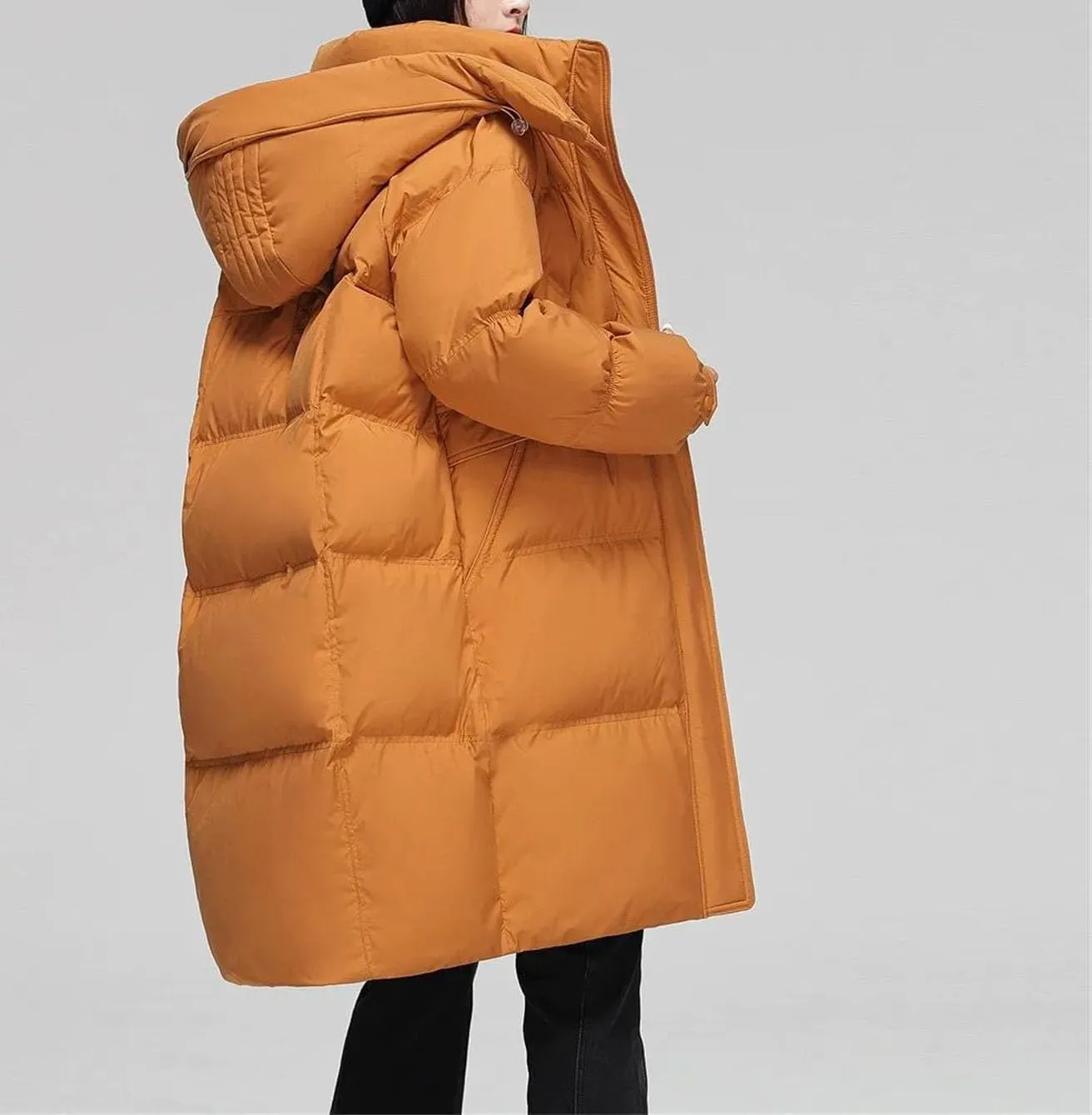 Women Hooded Button Zipper Down Jacket Loose Vintage Mid-Calf Thickened Warm Parka Coat