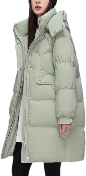 Women Hooded Button Zipper Down Jacket Loose Vintage Mid-Calf Thickened Warm Parka Coat