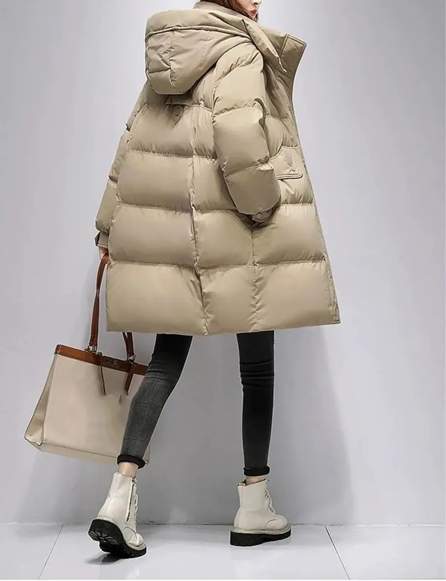 Women Hooded Button Zipper Down Jacket Loose Vintage Mid-Calf Thickened Warm Parka Coat