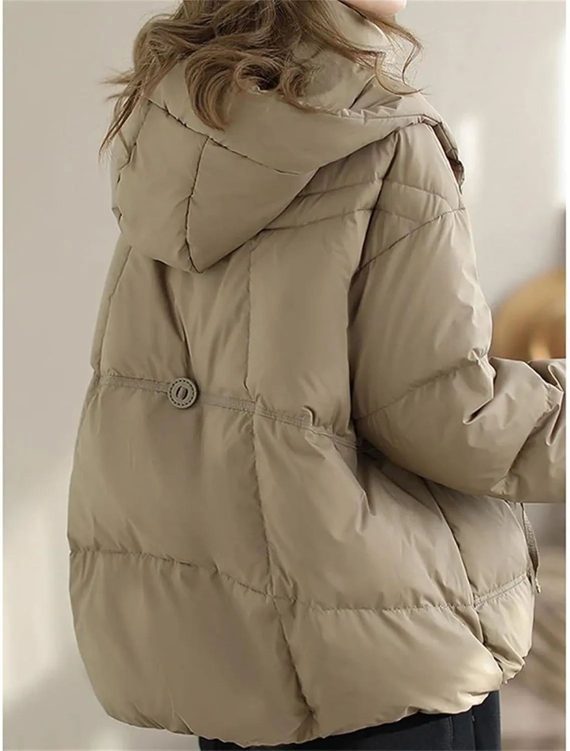 Women Hooded Stand Collar Down Jacket Zipper Loose Vintage Pockets Short Parka Coat