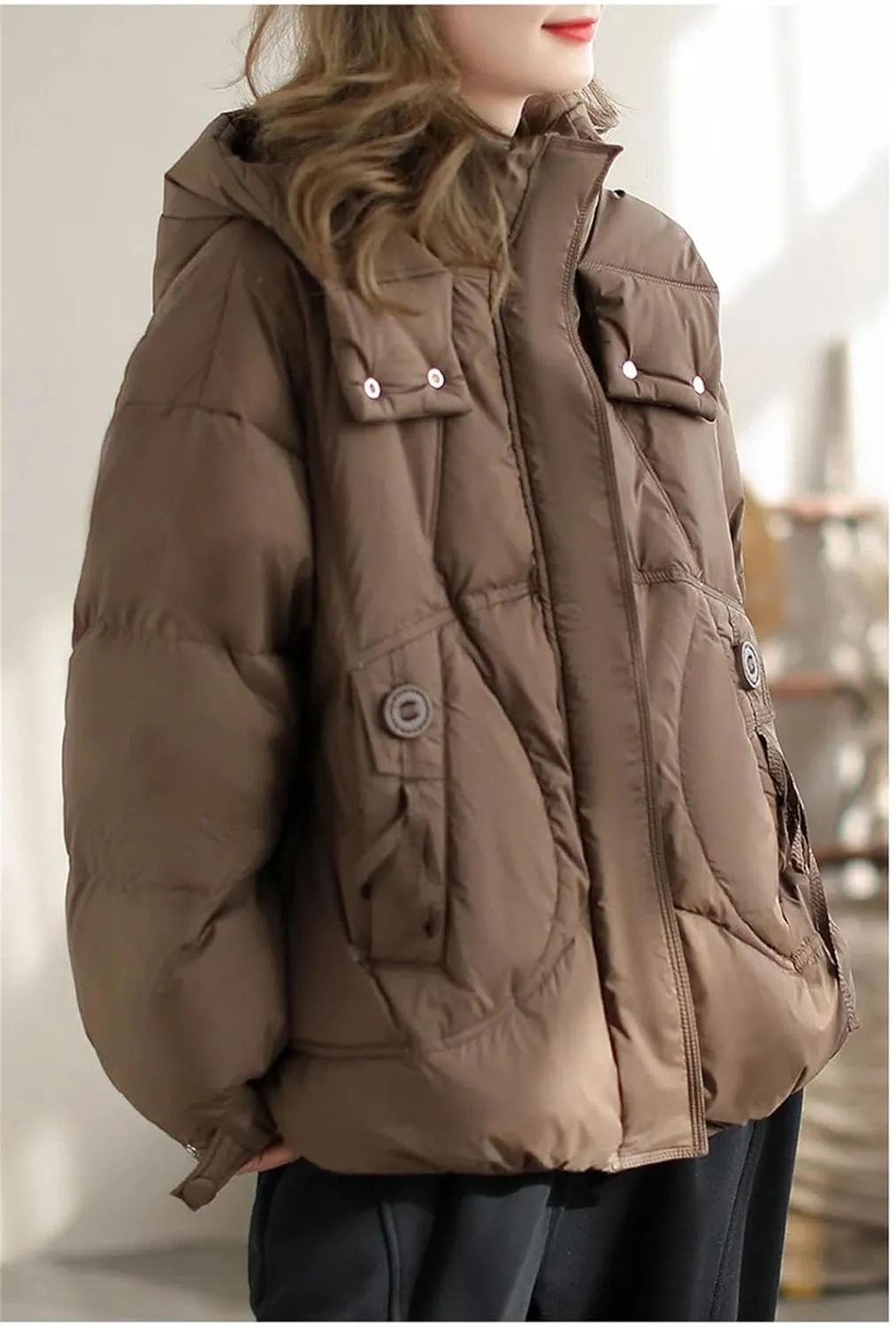 Women Hooded Stand Collar Down Jacket Zipper Loose Vintage Pockets Short Parka Coat