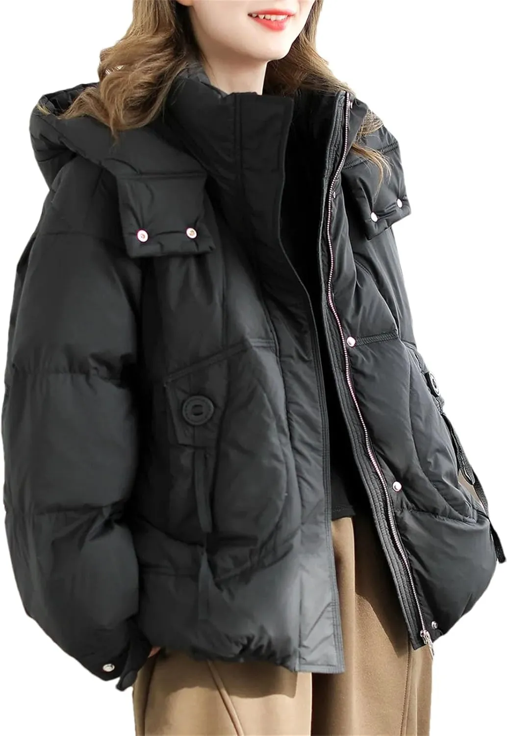 Women Hooded Stand Collar Down Jacket Zipper Loose Vintage Pockets Short Parka Coat