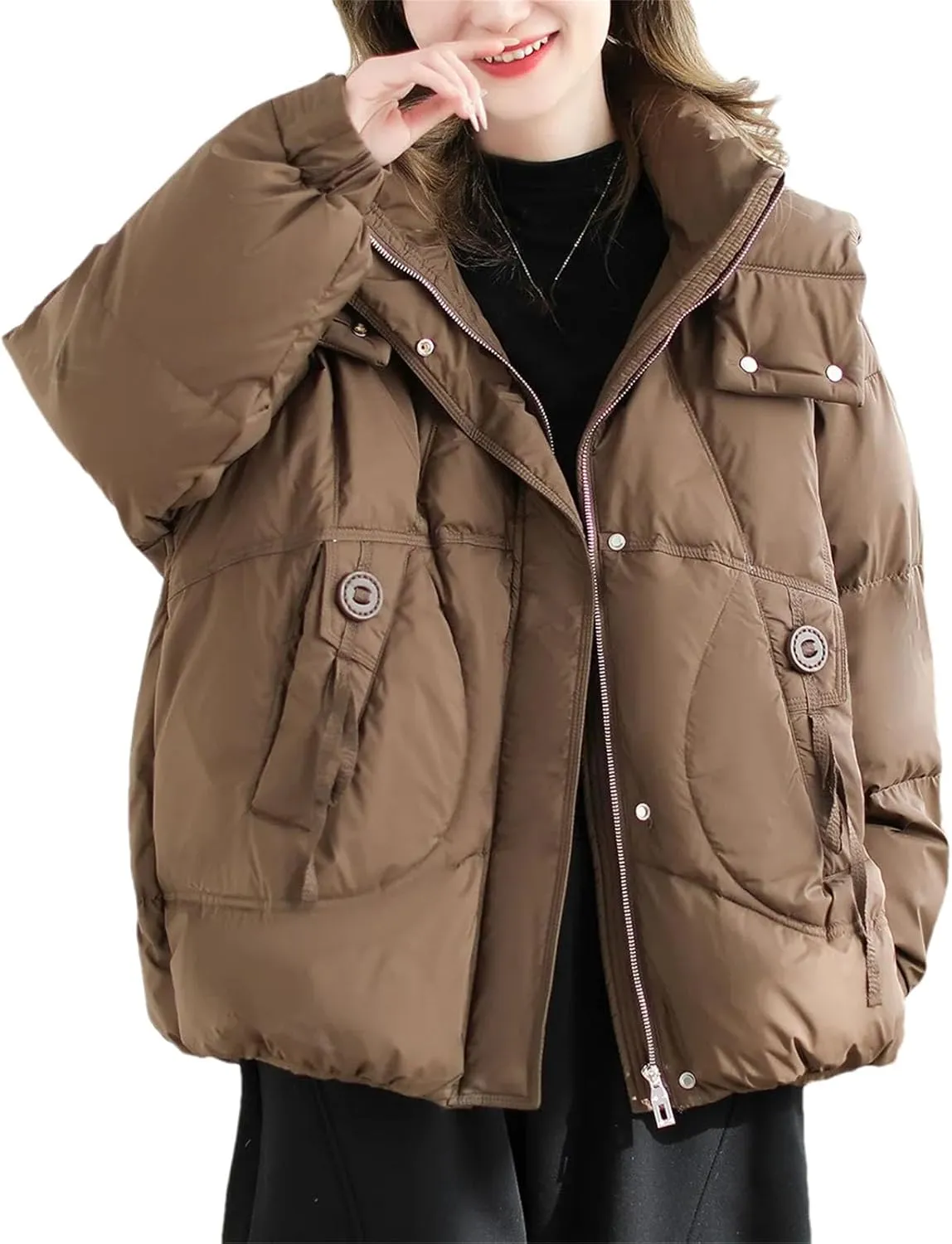 Women Hooded Stand Collar Down Jacket Zipper Loose Vintage Pockets Short Parka Coat