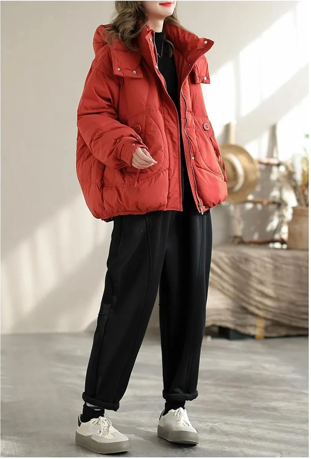 Women Hooded Stand Collar Down Jacket Zipper Loose Vintage Pockets Short Parka Coat
