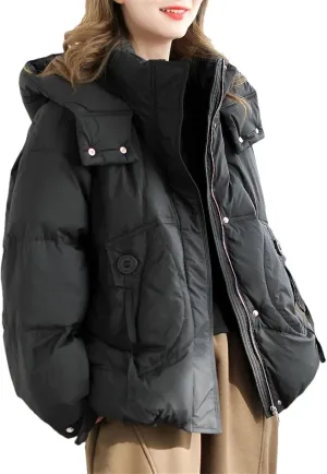 Women Hooded Stand Collar Down Jacket Zipper Loose Vintage Pockets Short Parka Coat